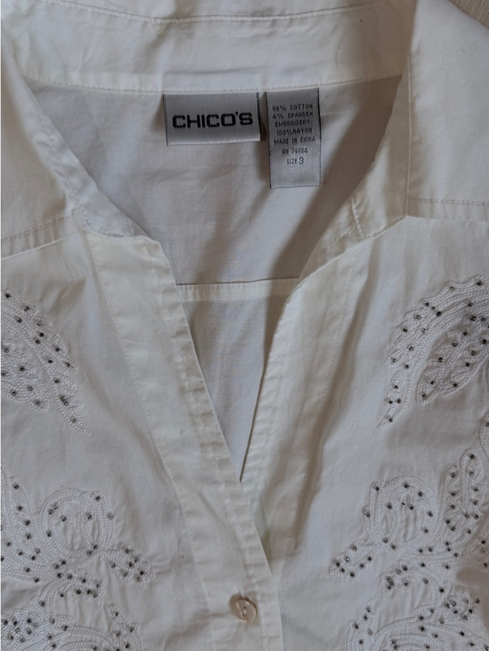 Chico's White Embroidered Button-Down Shirt
